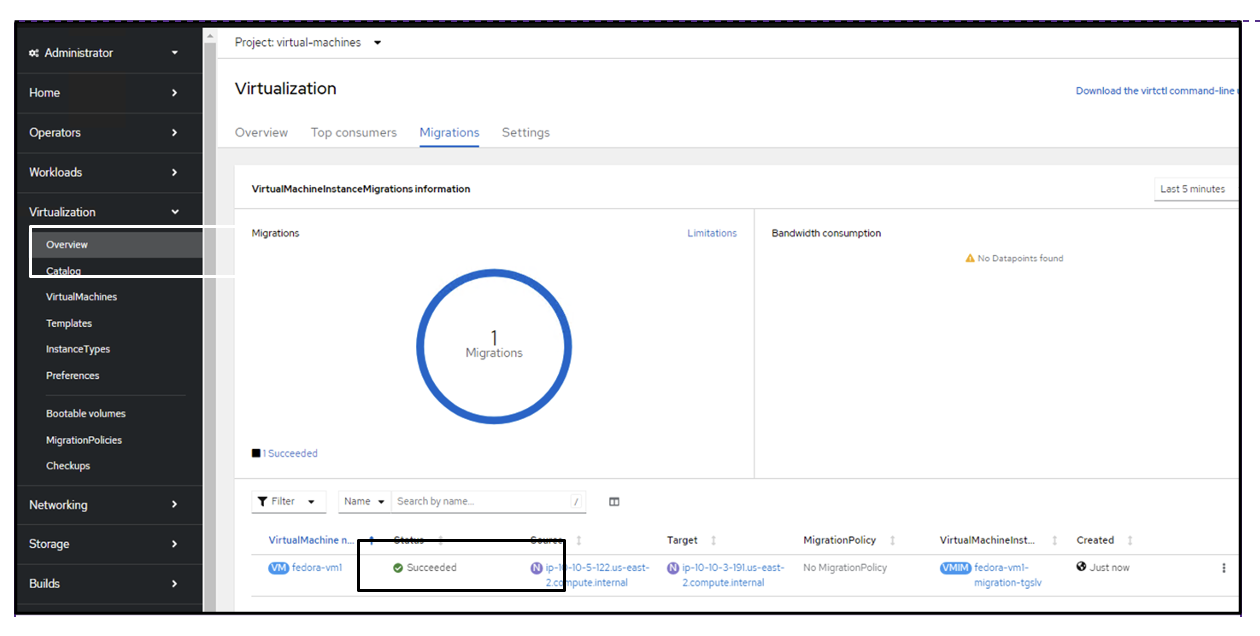 VM migration status complete